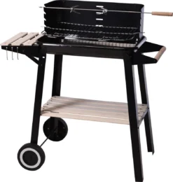 Verrijdbare Barbecue – Houtskool/Briketten - Verstelbare Grillplaat – Houten Tafel – Winscherm – Gewicht 5.9kg