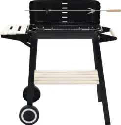 Verrijdbare Barbecue – Houtskool/Briketten - Verstelbare Grillplaat – Houten Tafel – Winscherm – Gewicht 5.9kg -Bbq Promotiewinkel 1161x1200