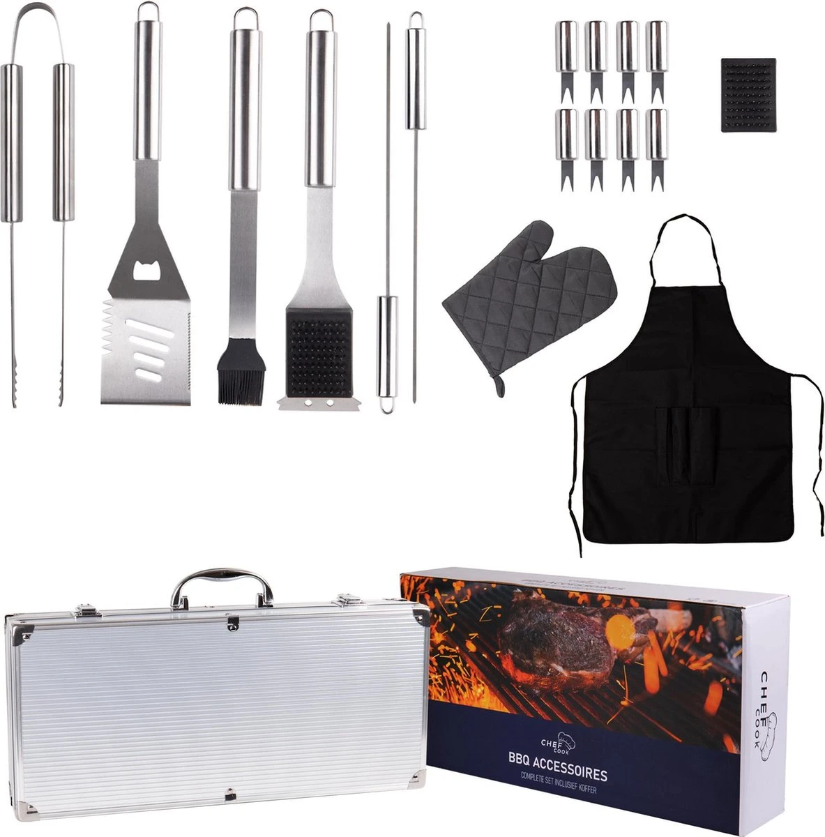 BBQ Accesoires Gereedschapset Koffer Set Tang Borstel Schort Barbecue Dagdeals - Chef Cook BBQ Accessoires Set 1 BBQ Accesoires Gereedschapset Koffer Set Tang Borstel Schort Barbecue Dagdeals - Chef Cook BBQ Accessoires Set