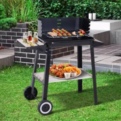 Verrijdbare Barbecue – Houtskool/Briketten - Verstelbare Grillplaat – Houten Tafel – Winscherm – Gewicht 5.9kg -Bbq Promotiewinkel 1200x1200 12
