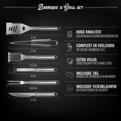 Mountain Jack® 40-Delige Luxe BBQ Grill Accessoires Set In Roestvrij Staal – Barbecue Gereedschap – Tangenset, Vlees Thermometer, Vleestang, Borstel, Spiezen, Vleesmes, Vleesvork -Bbq Promotiewinkel 1200x1200 376