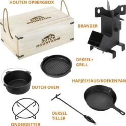 Dutch Mountains Gietijzeren Pannenset 7-delig - Dutch Oven – Braadpan - Grillpan - Hapjespan - Kookset In Houten Transportkist - Deksellifter - Brander -Bbq Promotiewinkel 1200x1200 640
