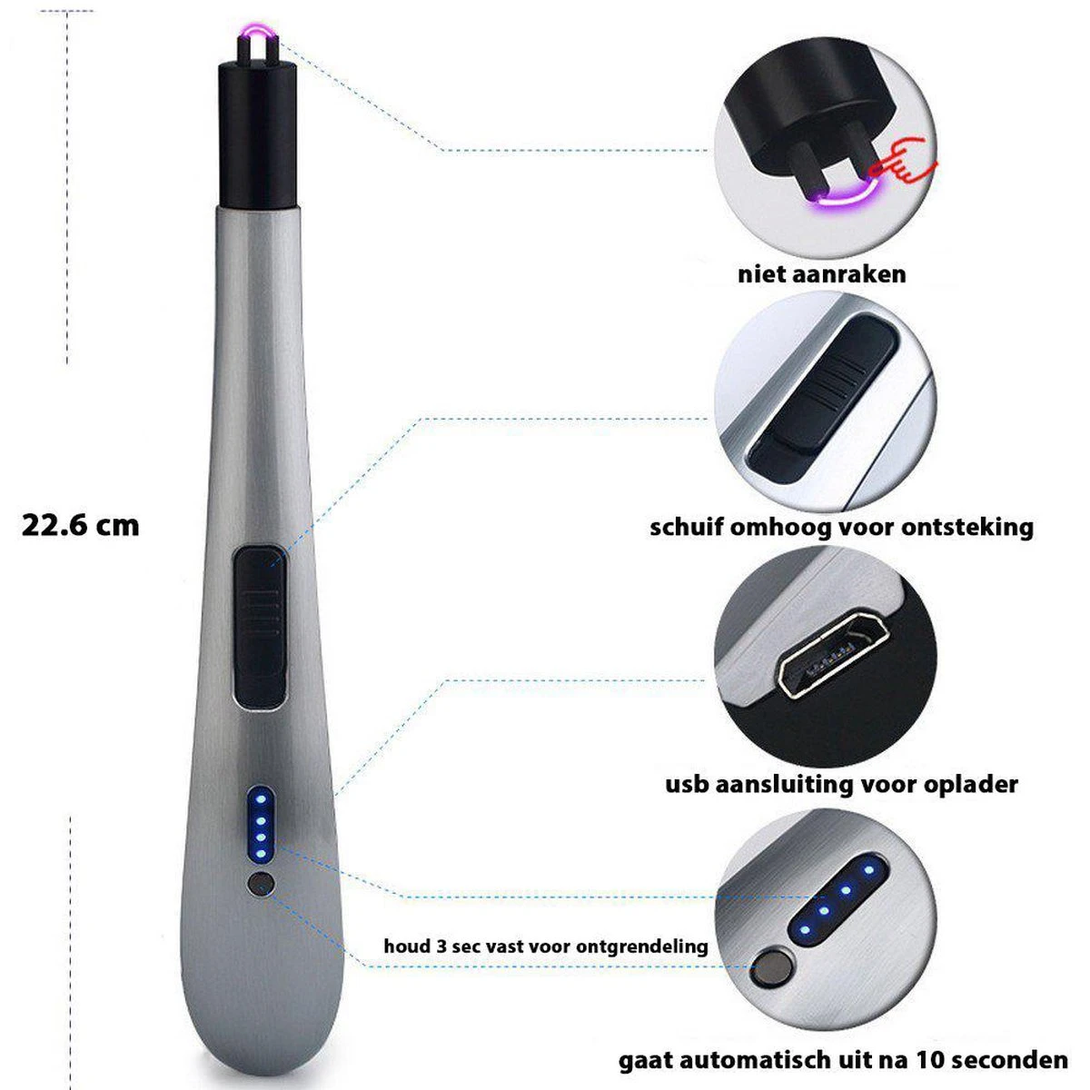 Oplaadbare Lange Elektrische Aansteker - Zilver - Duurzame Plasma Aansteker - Inclusief Cadeauverpakking - BBQ - Kaarsen 2 Oplaadbare Lange Elektrische Aansteker - Zilver - Duurzame Plasma Aansteker - Inclusief Cadeauverpakking - BBQ - Kaarsen - Afbeelding 2