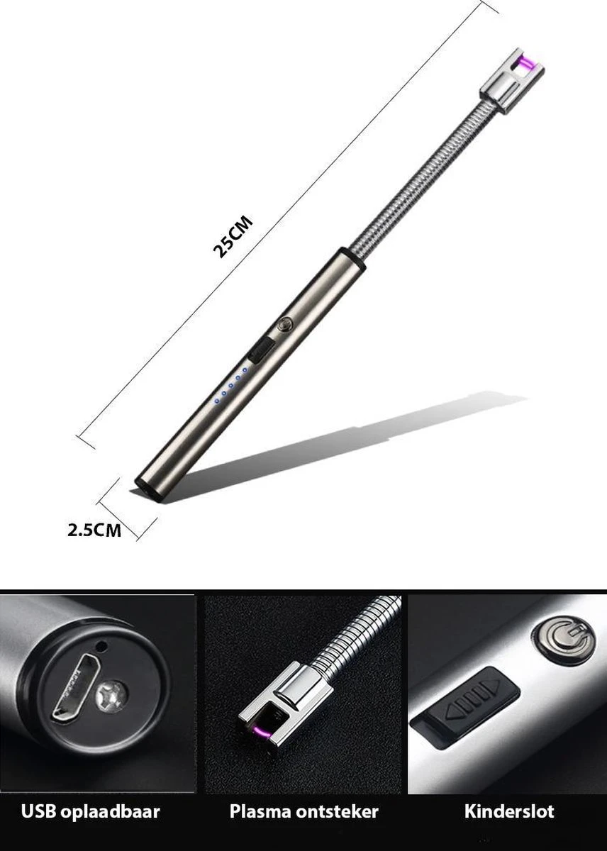 Oplaadbare Lange Elektrische Aansteker Buigbaar - Buigbare Aansteker - Duurzame Plasma Aansteker - Inclusief Cadeauverpakking - BBQ – Kaarsen – Zilver 3 Oplaadbare Lange Elektrische Aansteker Buigbaar - Buigbare Aansteker - Duurzame Plasma Aansteker - Inclusief Cadeauverpakking - BBQ – Kaarsen – Zilver - Afbeelding 3